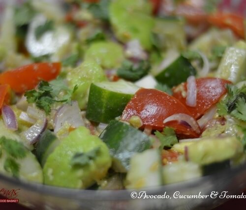 Avocado, Cucumber and Tomato Salad. -